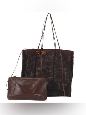 Prada Brown Leather Mesh Tote Bag with Flower Detail and Removable Pouch
